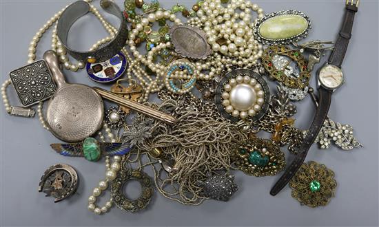 A quantity of mixed silver and other costume jewellery including silver locket, a small hand mirror and a J.W. Benson watch.